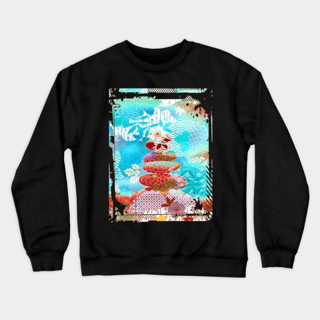 Japan Zen Buddhism Balancing Stones Rocks Cherry Blossom Collage Art 100 Crewneck Sweatshirt by dvongart